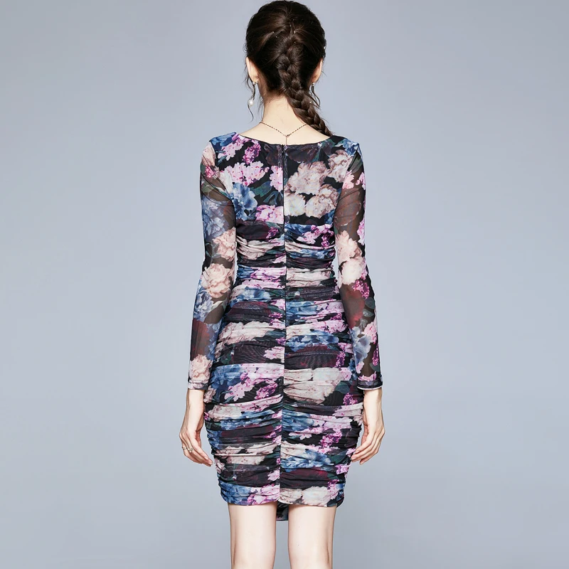 

Fashion women's dress 2021 new bag hip retro ladies slim bag hip mesh skirt square neck floral long sleeve dress