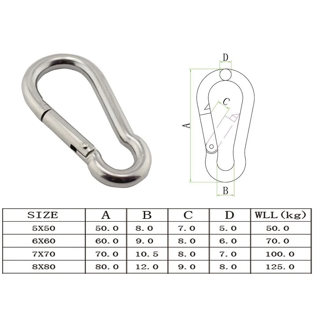 

5PCS Sliver Carabiner Spring Snap Hook Clip 304 Stainless Steel 5mm 6mm 7mm 8mm Rigging Hardware Climbing Carabiner Snap Hook