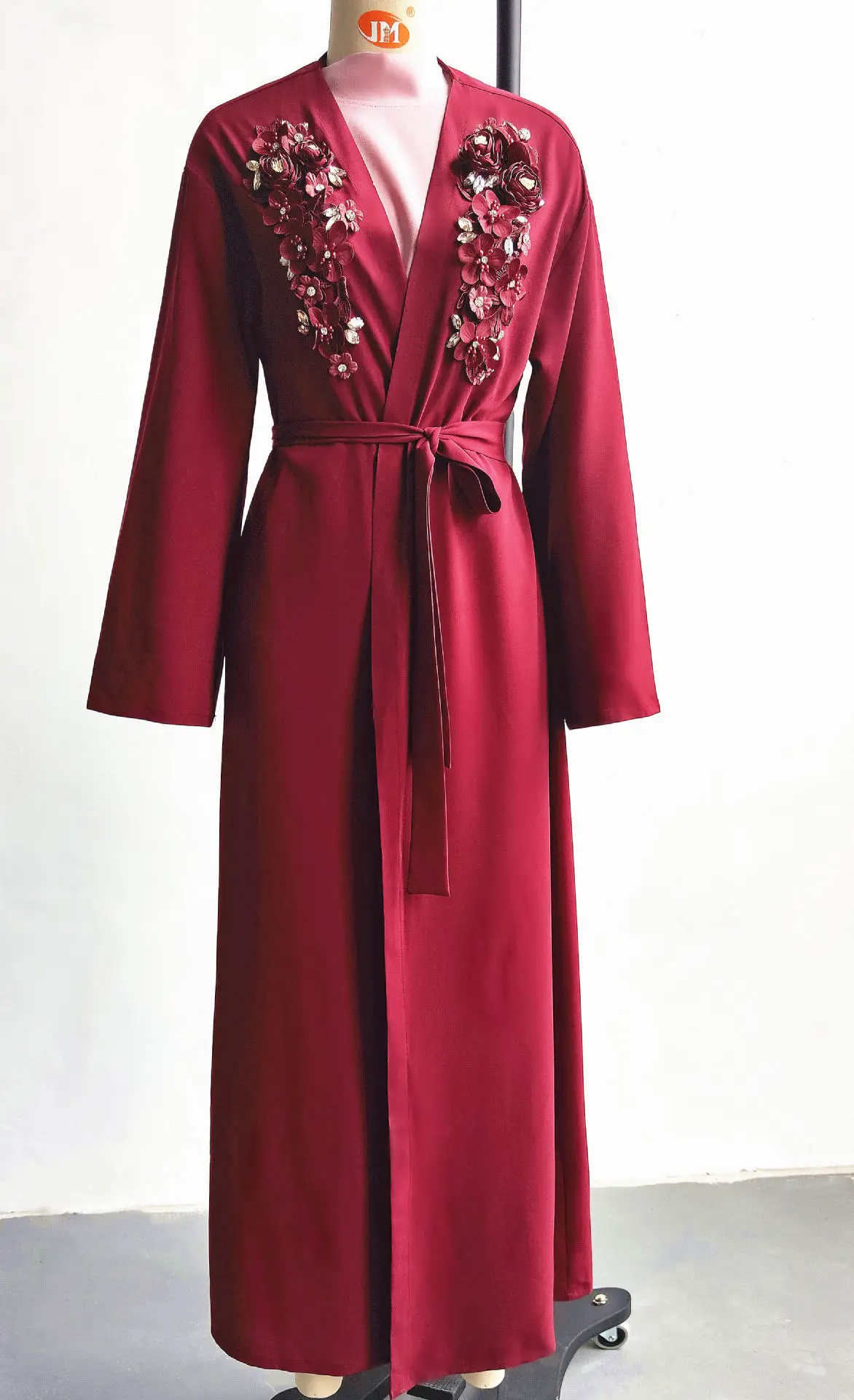 

Dark Red Appliques Diamond Muslim Dress Arab Cardigan Open Kimono Muslim Fashion Women Middle East Abaya Turkey Robe Donsignet