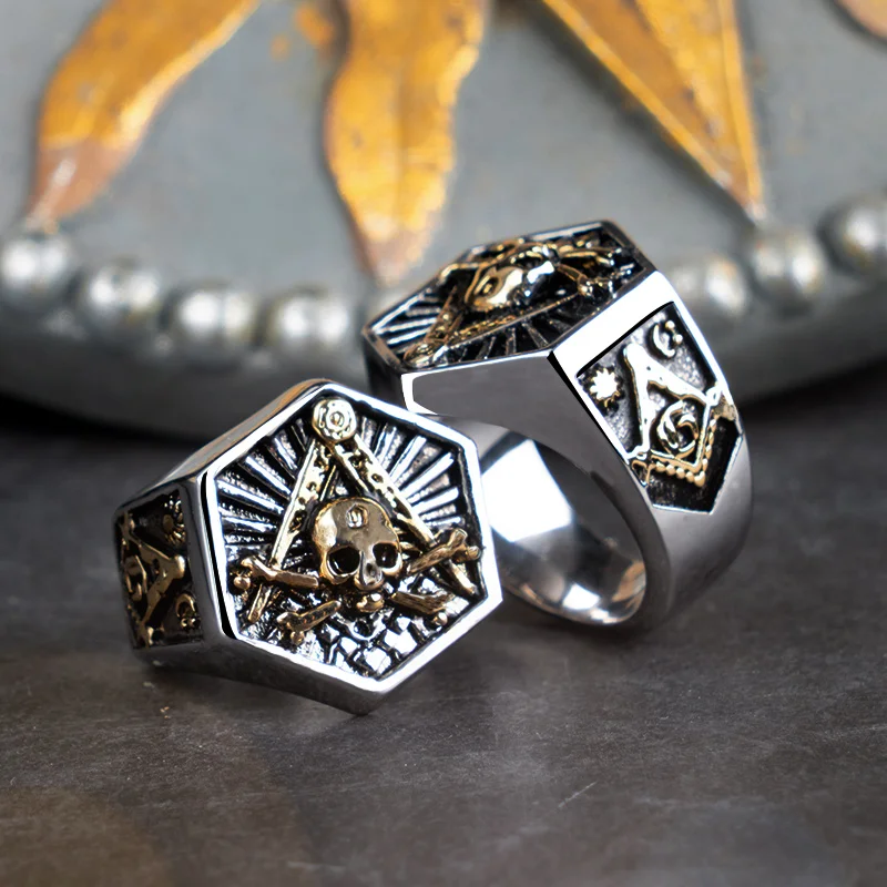 Masonic Ring For Men hexagon skull  Stainless steel  Freemason Totem Jewelry hippop street culture mygrillz