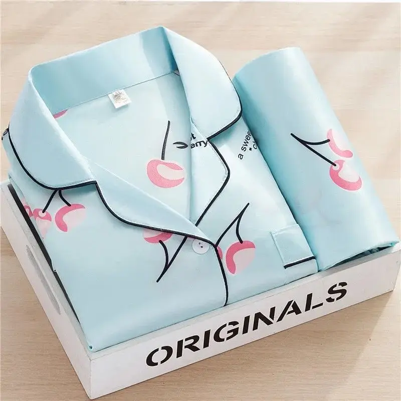 Ice Silk Pajamas Women Spring and Summer Long-sleeved Korean Cute Suit Sexy Plus Size Loose Home Service Women Pajama Set