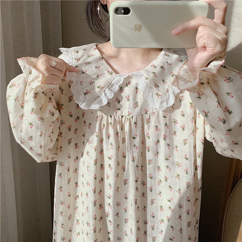 

cotton linene sleep dress women home clothes long sleeve peter pan collar floral print nightgown autumn loose nightdress Y082