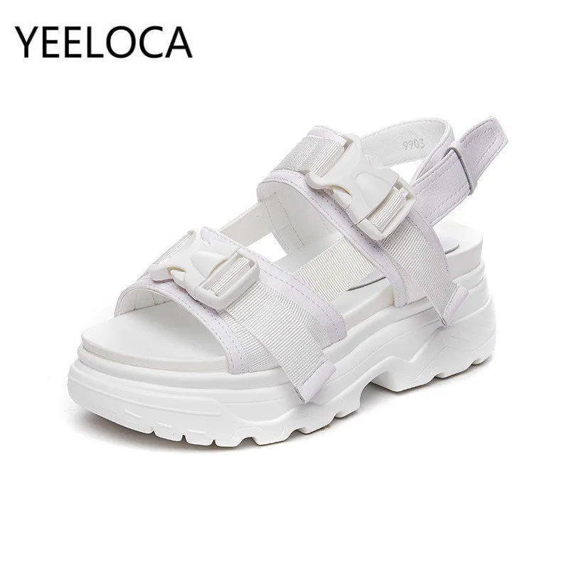 

Women's Sandals 2019 Summer Muffin Thick Bottom Fish Mouth Sports Sandals With Breathable Mesh Real Leather Casual Shoes