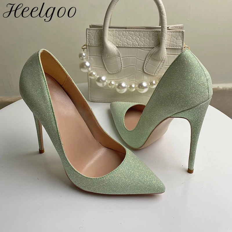 

Heelgoo Green Bling Sequins Women Pointy Toe High Heel Party shoes 8cm 10cm 12cm Sexy Glitter Stiletto Pumps Small Size 33 44 45