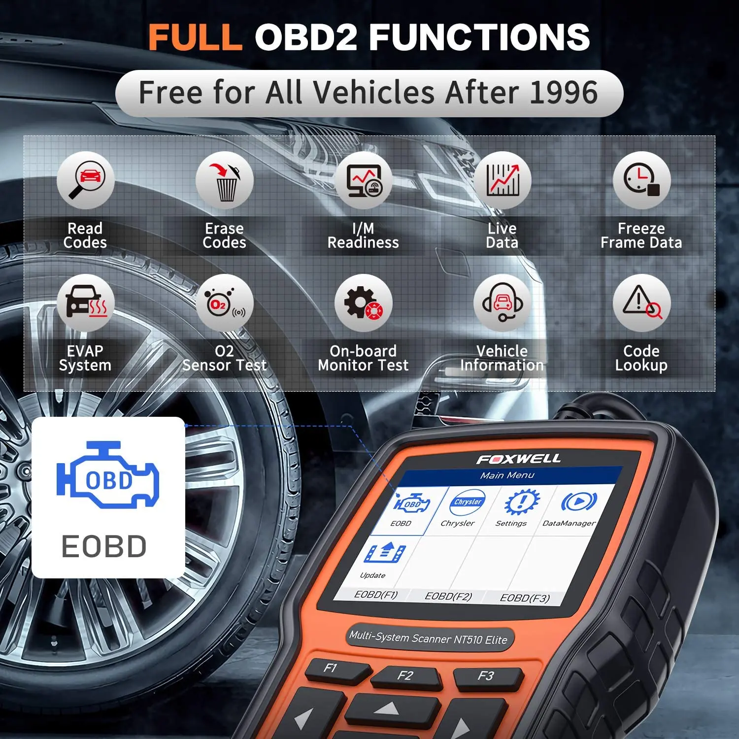 FOXWELL NT510 Elite OBD2 сканирующий инструмент для Chrysler Dodge Jeep полная система ABS EPB DPF