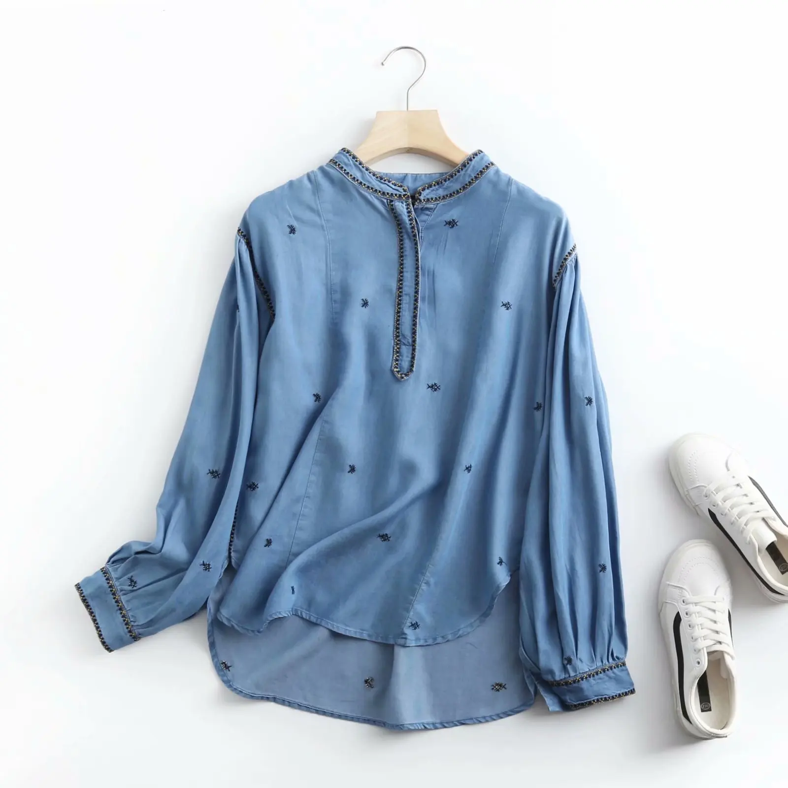 

jeans embroidery blouse top women spring casual soft blue denim blouse long sleeve summer top cotton blouses jeans blusas mujer