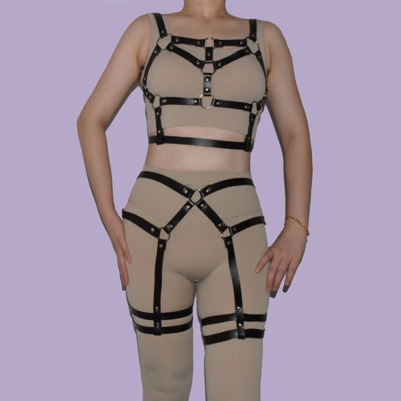 2 Pcs Set Sexy Women Leather Body Harness Bra Chest Bondage Lingerie Cage Bra Punk Gothic Ladies Garter Belts Suspenders