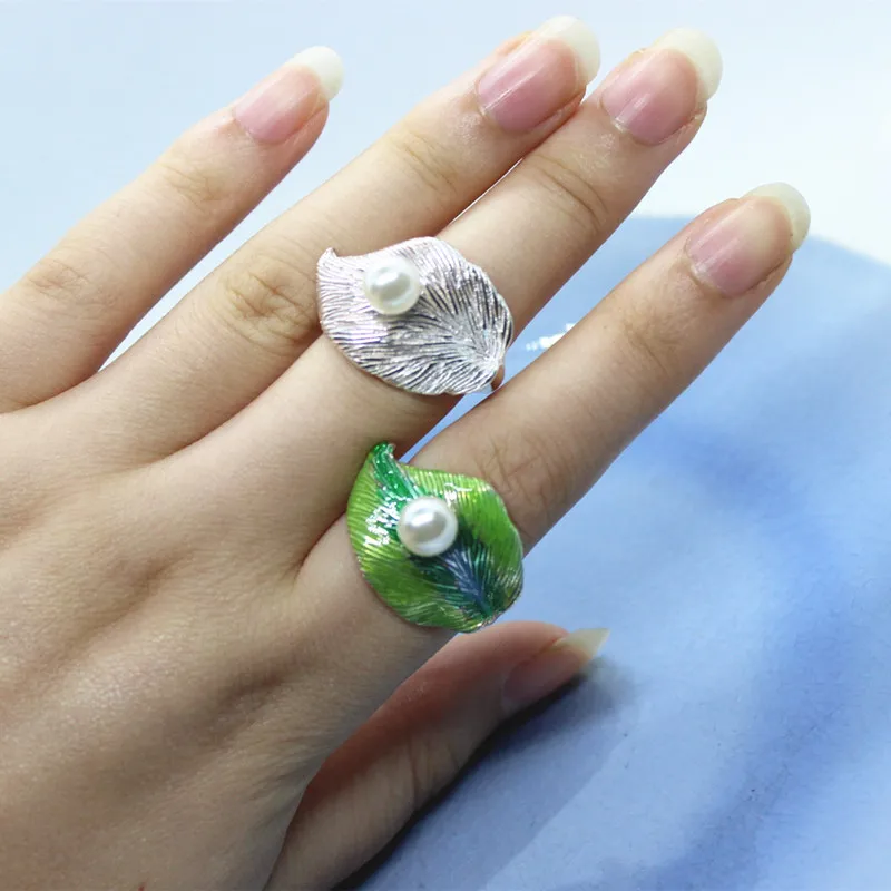 Регулируемые эмалевые кольца для влюбленных с жемчугом и листьями|Кольца| |