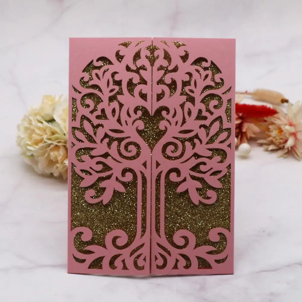 

35pcs/lot Personalized Hollow Laser Cut Carved Elegant Wedding Invitation Card Tree Pattern Birthday Party Blessing Card