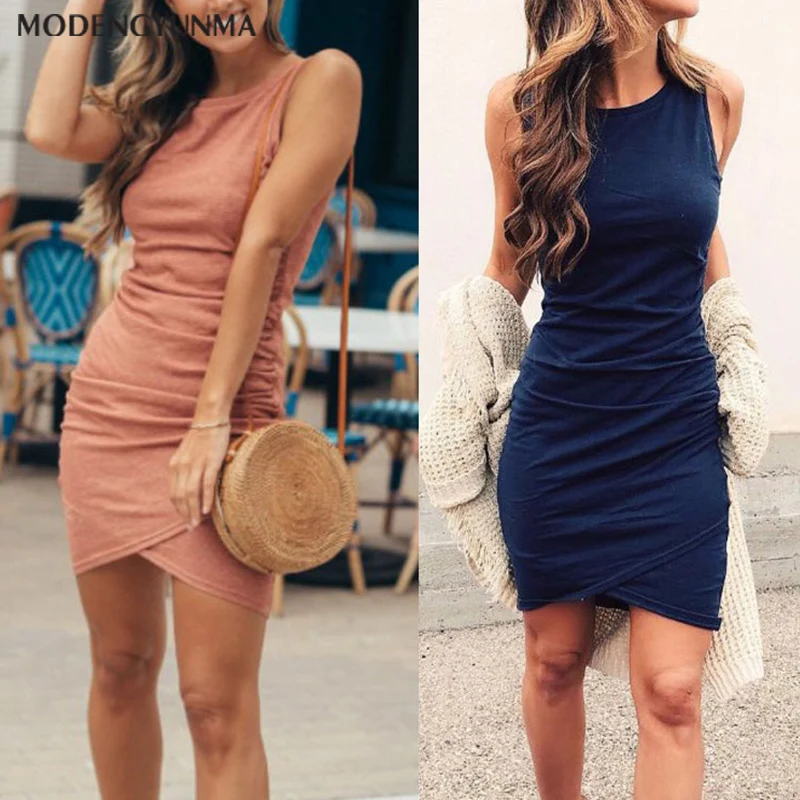 

Women summer dresses solid girl vestidos Fashion Solid colo Fold Sleeveless female Work Dress Sleeveless Round neck Dress