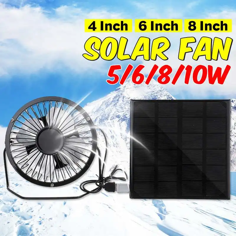 

6/8/10W 6"/8" Solar Powered Panel Iron Fan For Home Office Outdoor Traveling Fishing USB Cooling Ventilation Fan for Smartphone