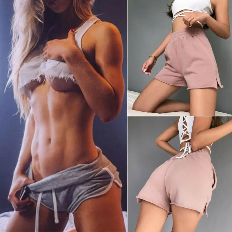 Шорты женские спортивные с высокой талией модные Серые Хлопковые Штаны