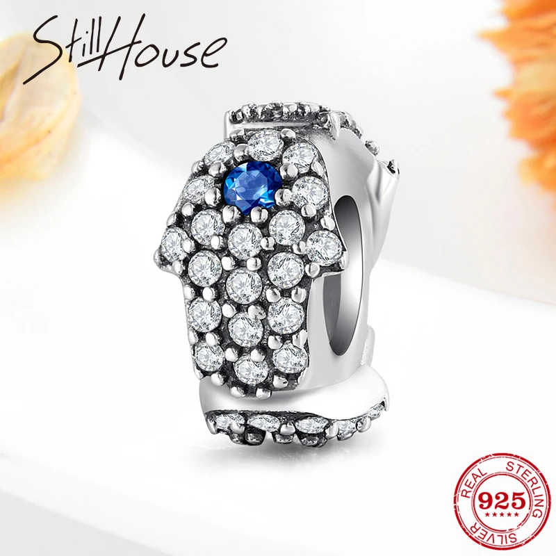 Фото 925 пробы серебро рука Фатимы синий прозрачный CZ пробка бусины - купить