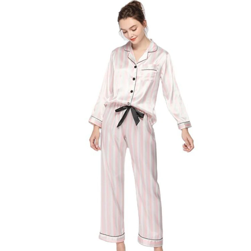 

Sleep tops sexy underwear hin silk pajamas women's cute long-sleeved trousers two-piece comfortable casual home service suit