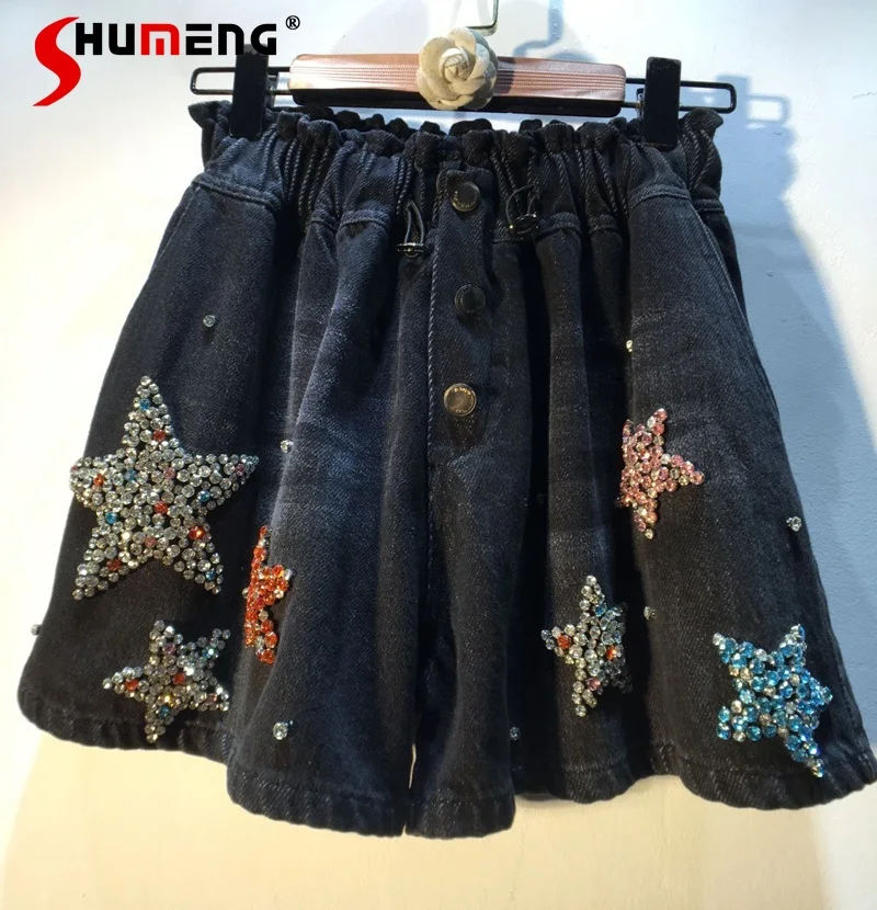 

Fashion Elastic High Waist Loose Wide-Leg Pants for Women 2021 Autumn New Diamond Beaded Five-Star Denim Shorts Ladies