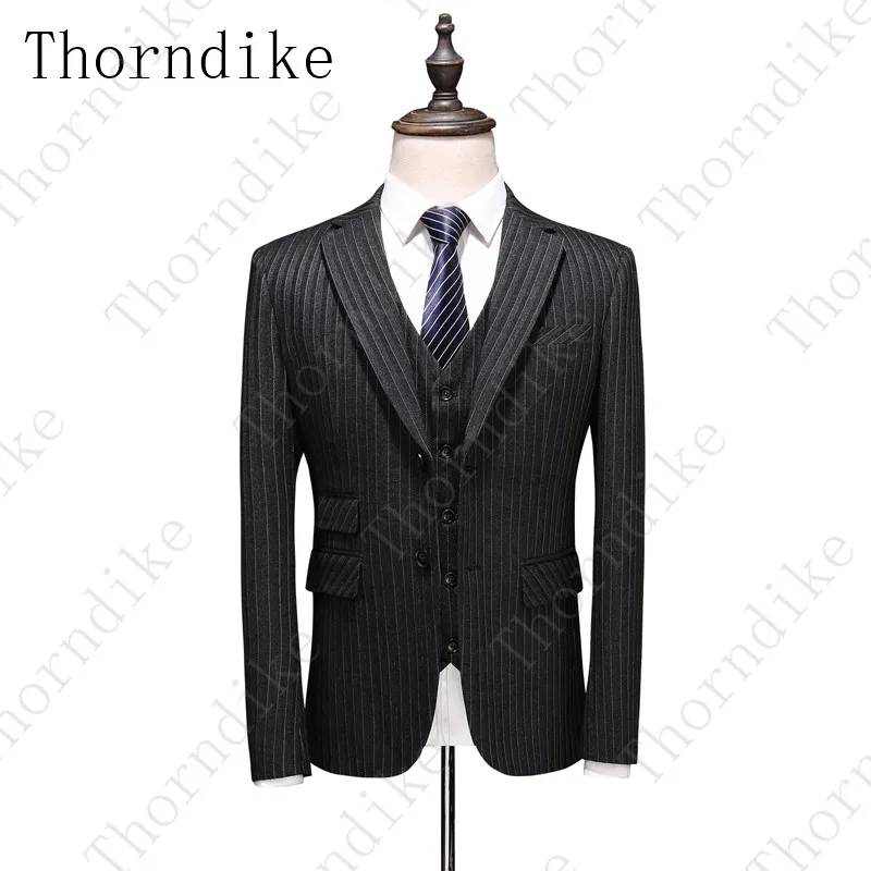 Thorndike (куртка + жилет брюки) 2020 темно-серые полосатые Свадебные смокинги для