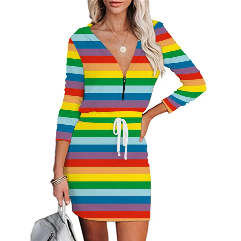 

Осень-зима 2021 новинка Женская юбка средней длины с V-образным вырезом платье на молнии с длинным рукавом и капюшоном с принтом