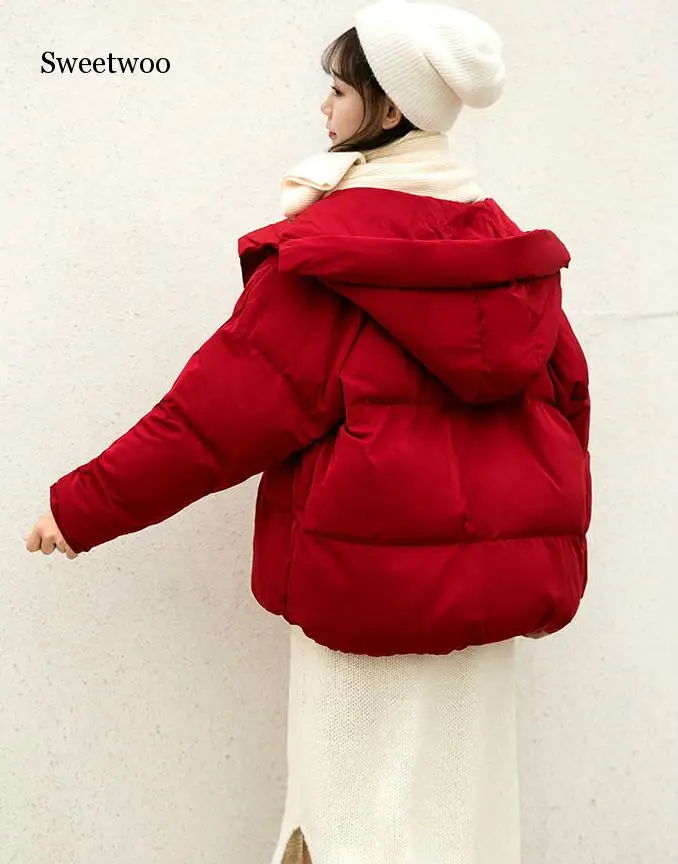 Women Short Loose Parkas Warm Winter Jacket Coat Red Cotton-padded Hooded Outerwear Autumn Thicken Clothing