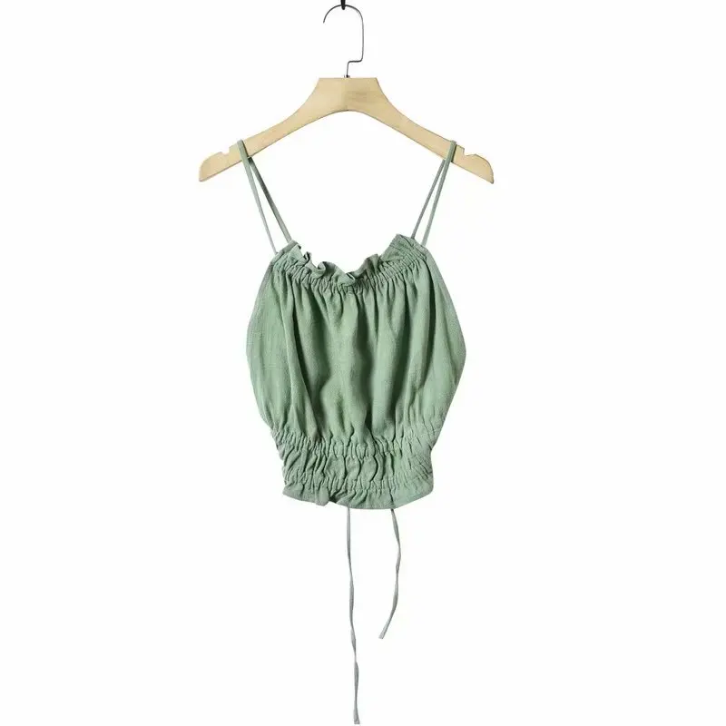 

New Summer 2021 Women's Sexy Hamter Linens Dew Back Top Casual Cotton and linen Solid Shoulder Band Top Vacation slim Top