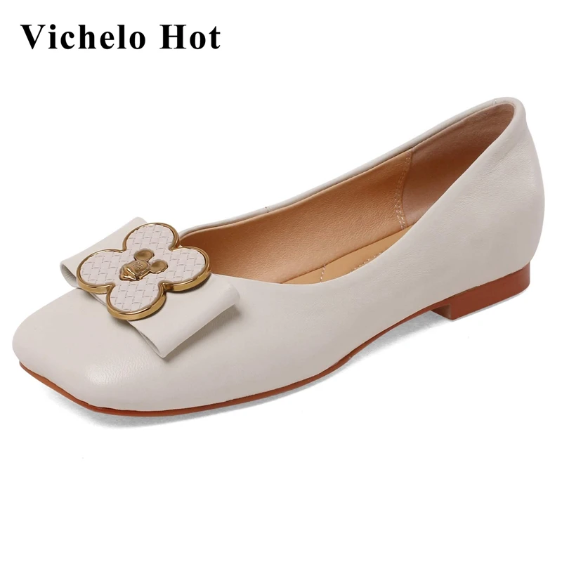

Vichelo Hot genuine leather square toe shallow metal fasteners flowers rivets sweet gorgeous cozy maiden slip on women pumps L36