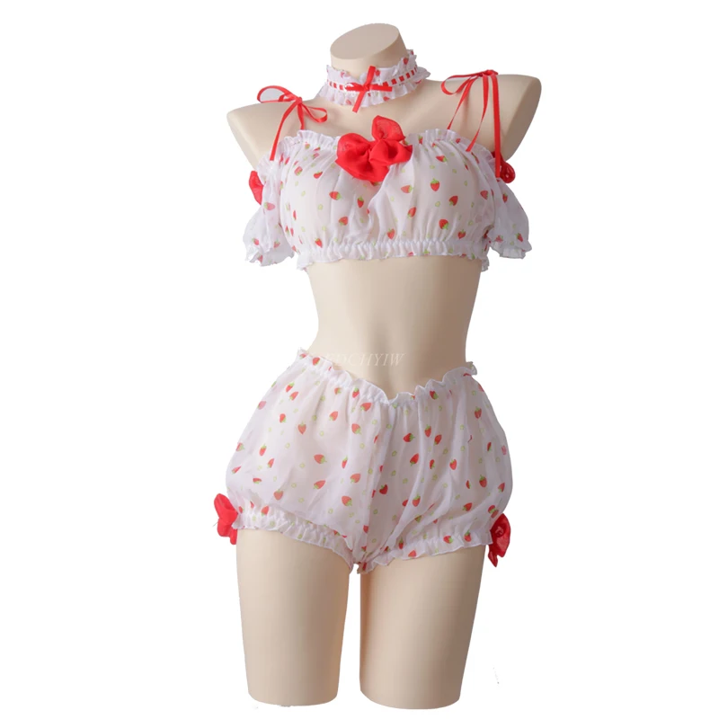 

Japanese Sexy Lingerie Set Lace Bow Strawberry Bra Short Erotic Underwear Costume Cosplay Maid Kawaii Lolita Uniform Babydoll
