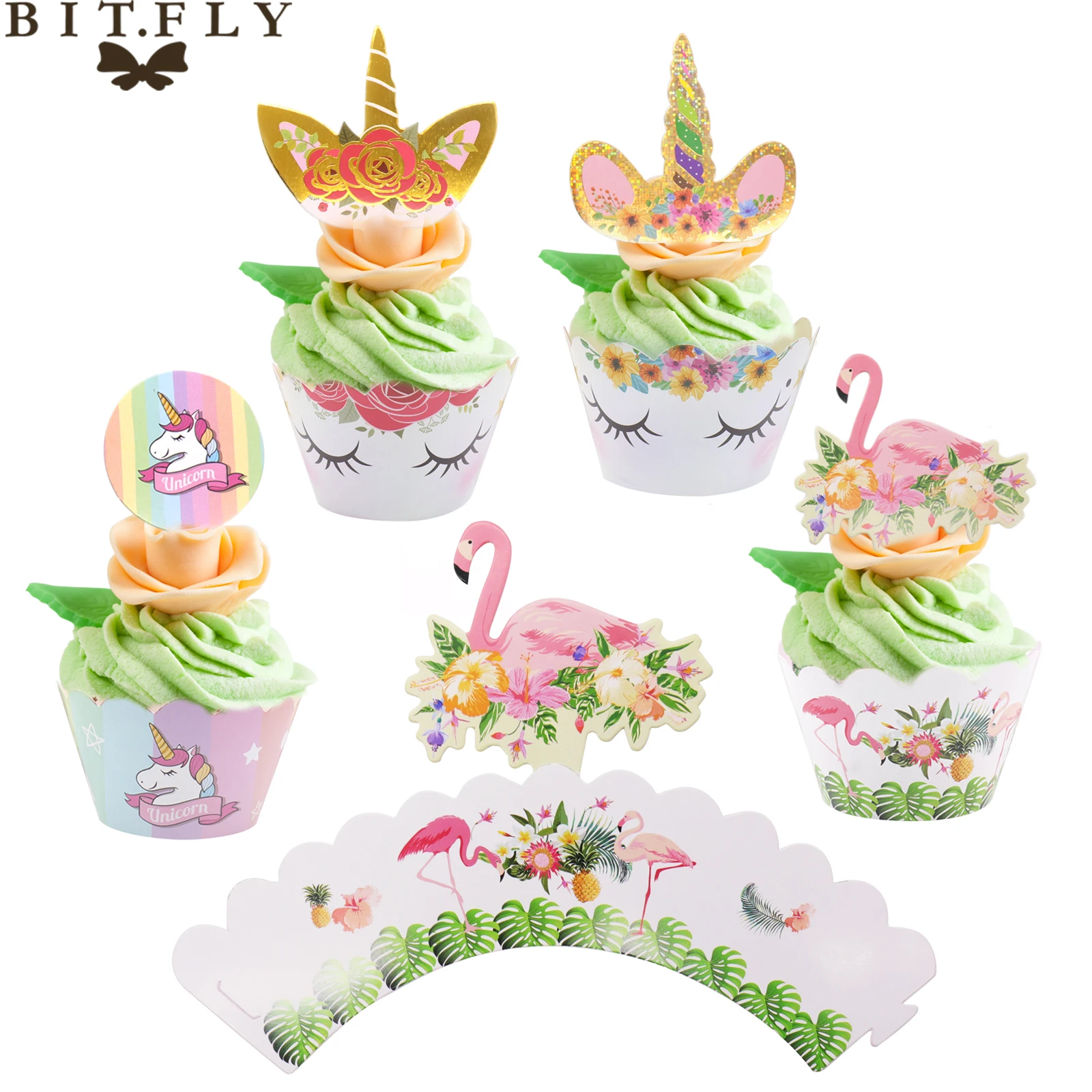 

BIT.FLY Unicorn&flamingo Rainbow Cake Toppers Cupcake Wrappers Birthday Party Cake Decoration Kids Baby Shower Party Supplies