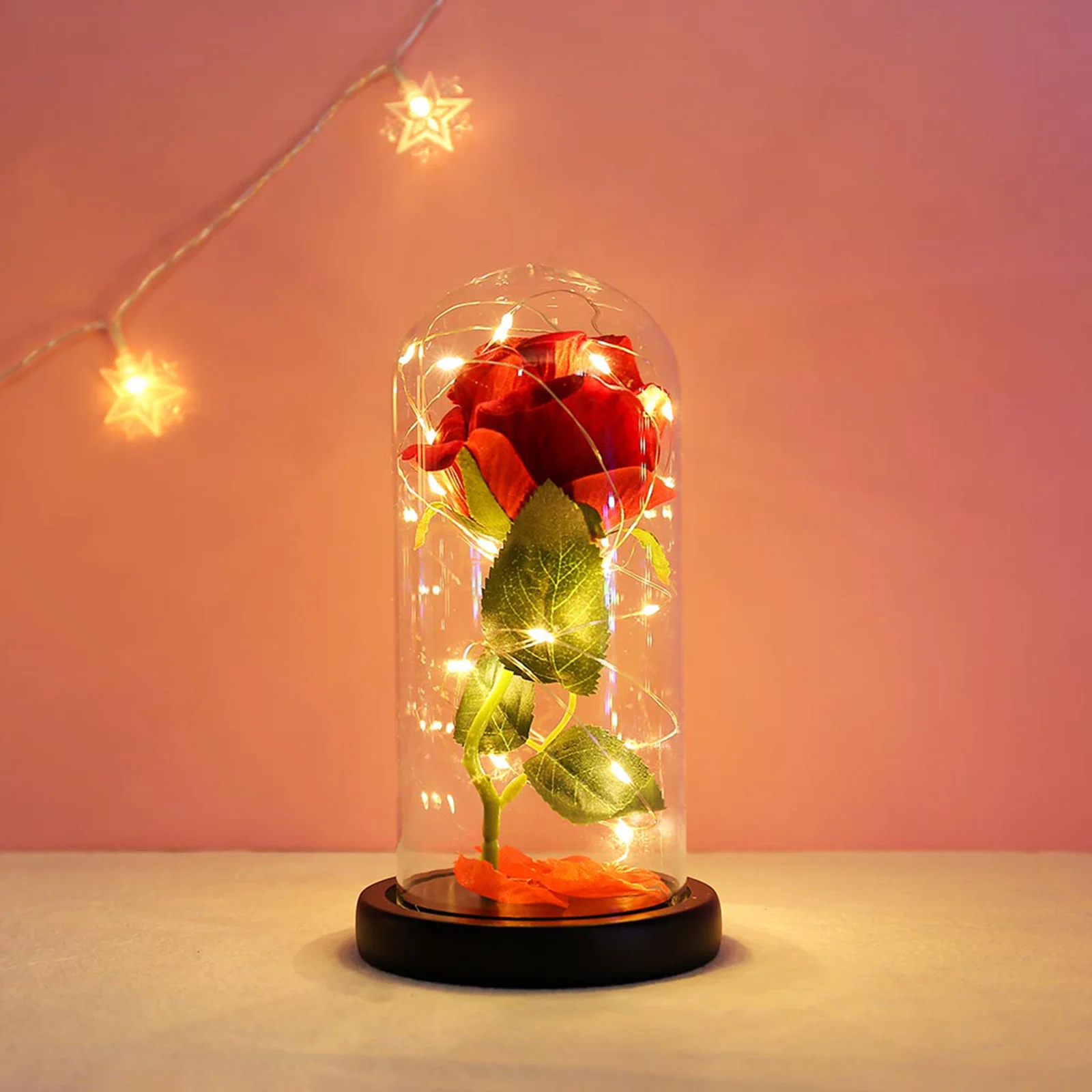 

Red Rose in Glass Dome with LED String Light Home Decor Christmas Valentine's Gift Desktop decoration