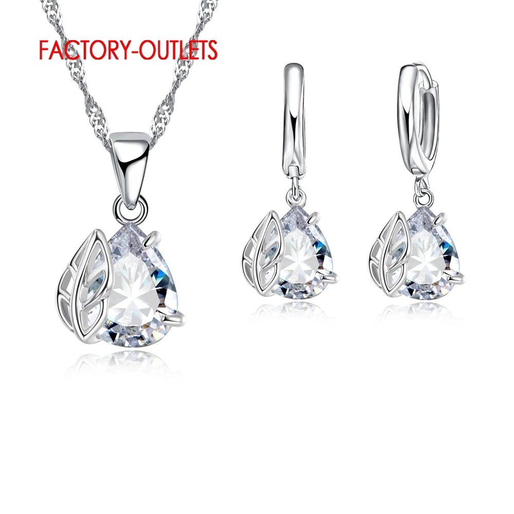 Роскошные капли воды дизайн 925 кубический циркон кристалл кулон ожерелья + серьги