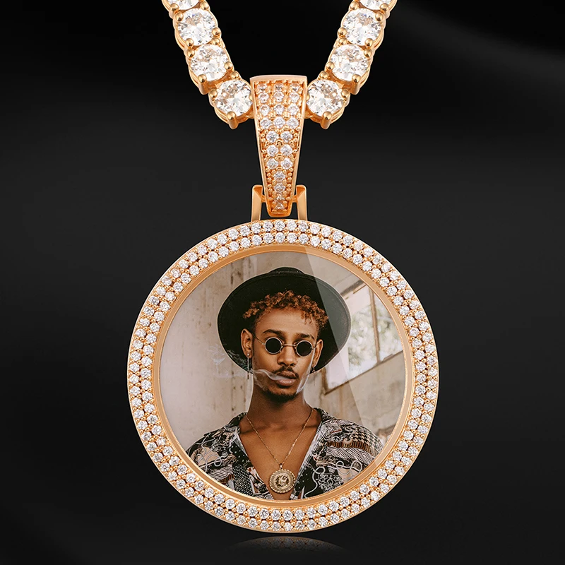 VIP CZP0376 Double Row Of Crystal Custom Made Picture Memory Medallions Solid Pendant Necklace For Men's Hip Hop Cubic Zircon |