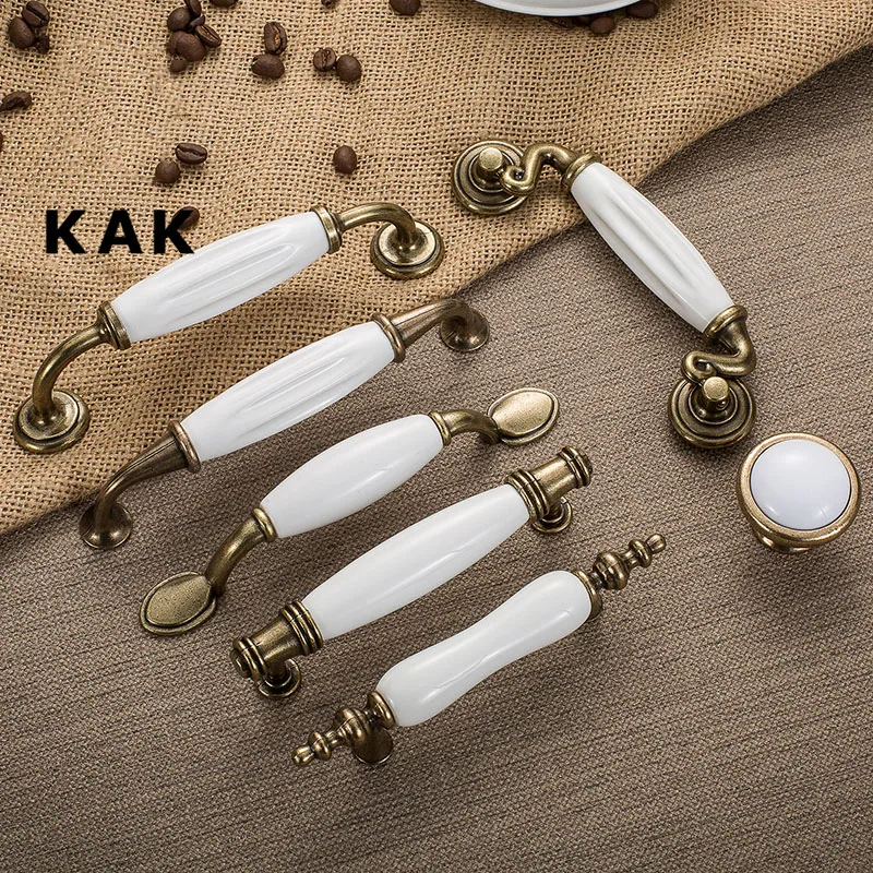 Античные бронзовые белые керамические ручки для шкафов из цинкового сплава