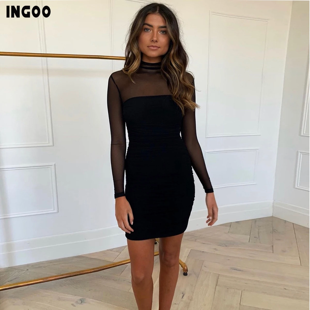 INGOO с длинным рукавом и воротником стойкой пикантные вечерние платье для женщин