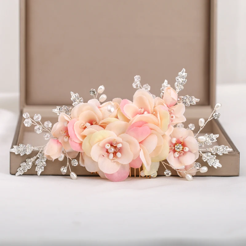 

Gold Color Rose Flowers Tiaras Hair Combs Crystal Headpiece For Bride Women Pearl Hair Accessories Wedding Hair Ornaments