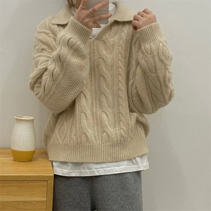 

Women Sweater Long Sleeve Pullovers Knitted Casual Tops Solid Autumn Turn-down Collar Feminine Loose All Match Soft Pull Femme