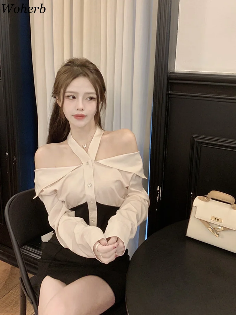 Woherb темпераментные женские рубашки сексуальные блузки с воротником-лодочкой и