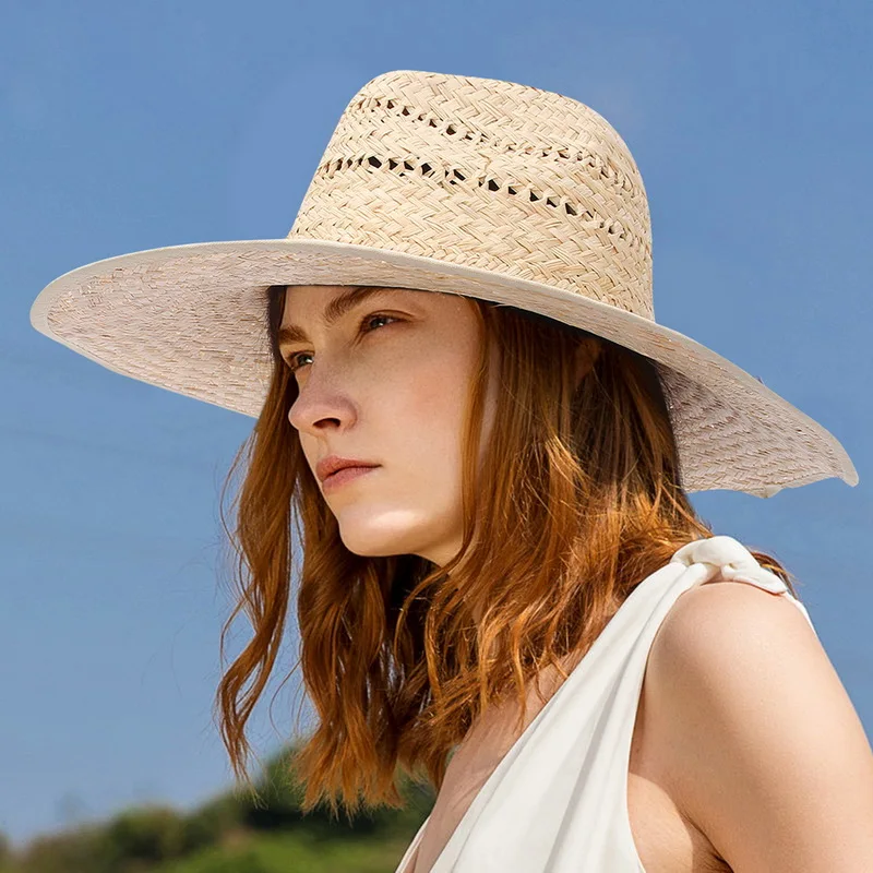 

Summer Women Beach Raffia Black White Strap Hat Raffia Hat Lifeguard Flat Cap Straw Hats Women's Seaside Hat