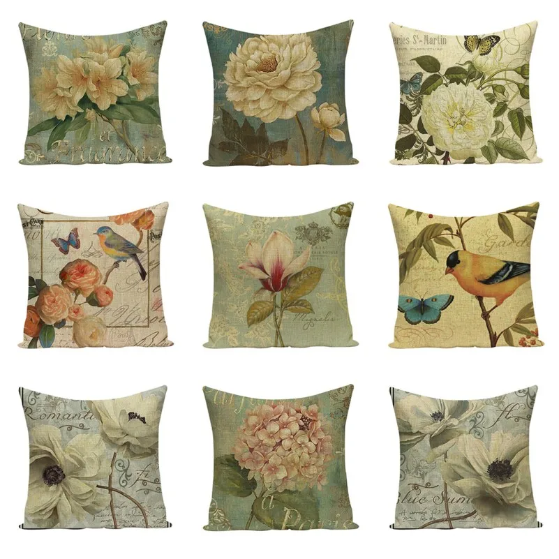 Винтажный чехол для подушки с бабочками птицами цветами хлопковая льняная