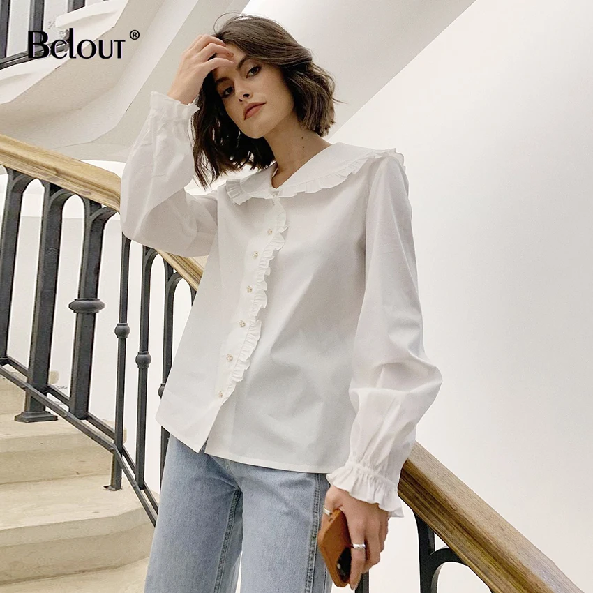 

Bclout Vintage Peter Pan Collar Elegant Shirt Female Long Sleeve Single Breasted White Blouses Autumn Fashion Woman Blouses 2021