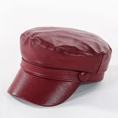 Women Fashion Leather Military Hats Winter Vintage Black Leather Snapback Caps Female Newsboy Hat Casequette Beret Caps - Цвет: wine red