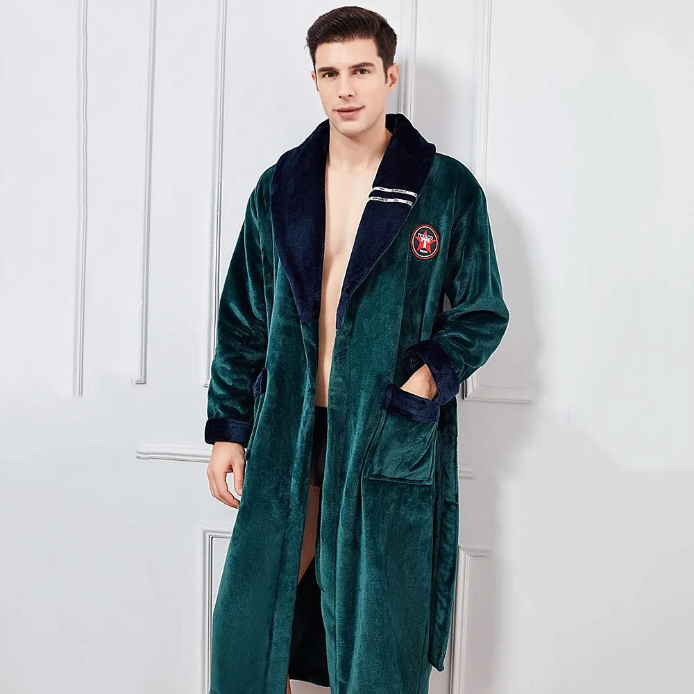 Autumn Winter Thicken Robe Sleepwear Coral Fleece Nightwear Large Size Flannel Men Kimono Bathrobe Loose Casual Home Clothes