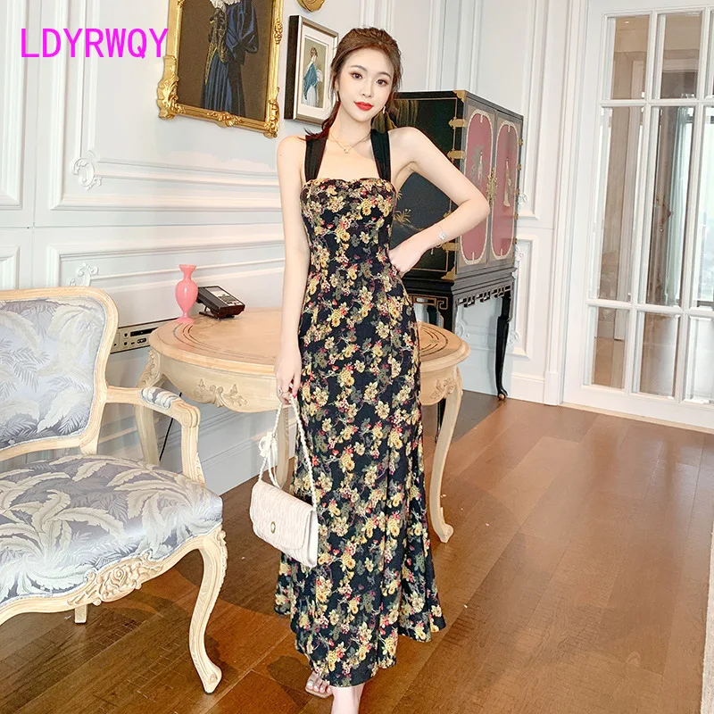 

LDYRWQY 2021 Korean fashion retro French summer self-cultivation temperament halter strap floral suspender dress