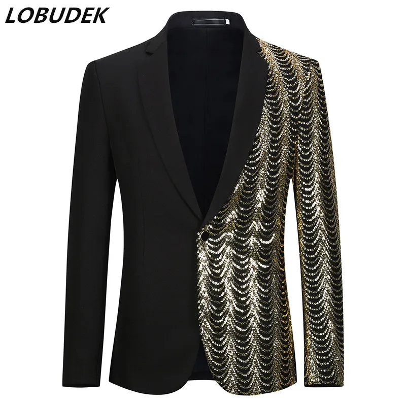 Men Single Breasted Splicing Gold Sequins Suit Jackets For Singer Host Wedding Party Tuxedo Blazers Bar Stage Performance Coat