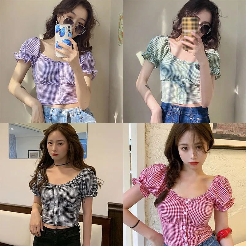 

women's plaid print casual blouse Korean square collar plaid bubble sleeves exposed navel small fresh short-sleeved shirt