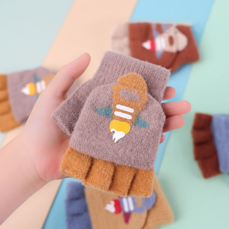 Toddler Gloves Baby Mittens Children Winter Fingerless Gloves Kids Boys And Girls Winter Warm Knit Gloves With Flap 4-12Y