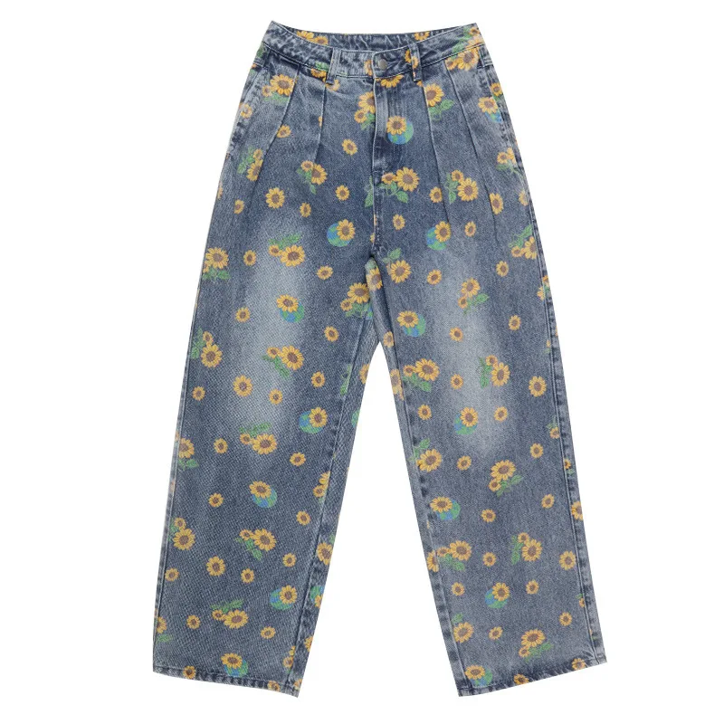 

Retro Baggy Jeans Women 2020 Autumn Daisy Print Straight Denim Long Pants Fit Woman Hight Waist Loose Plus Size Blue Jean Female