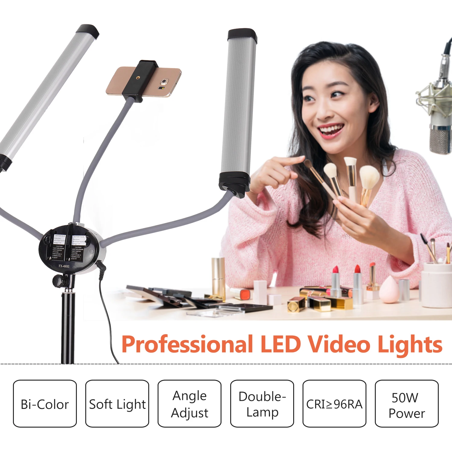 

FX-480II Dual Arm LED Video Lamp Fill Lights Bi-Color 3200-5500K Color Temperature Light Strips with Flexible Hoses LCD Screen