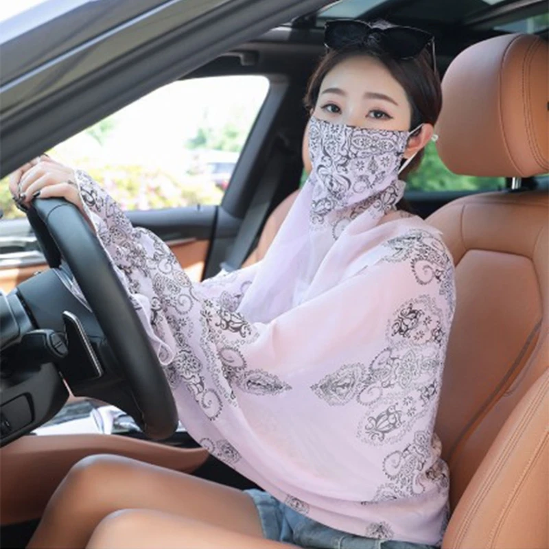 

X5XD Women Summer Sunscreen Shawl Scarf with Face Mask Set Floral Cycling Cloak Shirt