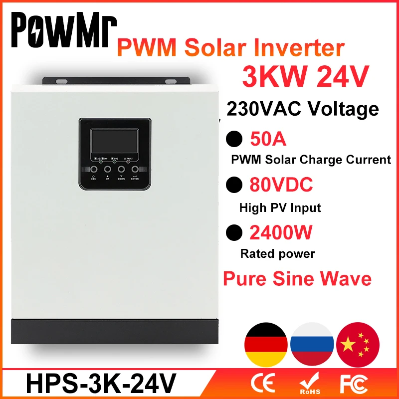 PowMr 3KVA/2400W Pure Sine Wave 24V 220V Hybrid Inverter Built-in 50A PWM Solar Charge Controller Battery Charger Inversor HPS3K |