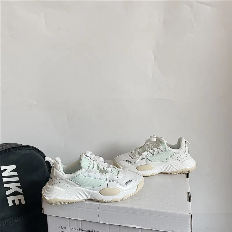 

Spring New Leather Women's Platform Chunky Sneakers Fashion Women Flat Thick Sole Shoes Woman Dad Footwear Mesh