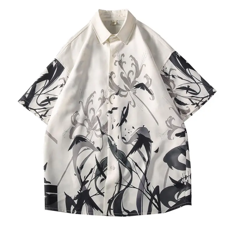 

Shirt Men's Casual Sports Fashion Oversize Black White Ink Painting Short Sleeve Tops Tide Loose Lapel Shirts Male Clothes M-5XL