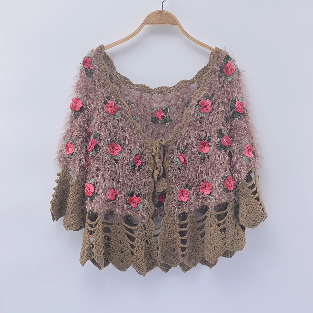 

Autumn Winter Women Brown Cardigan Sweater Half Sleeve Ruffle Female Out Wear Soft Mohair Embroidery Crochet Flower Sweater